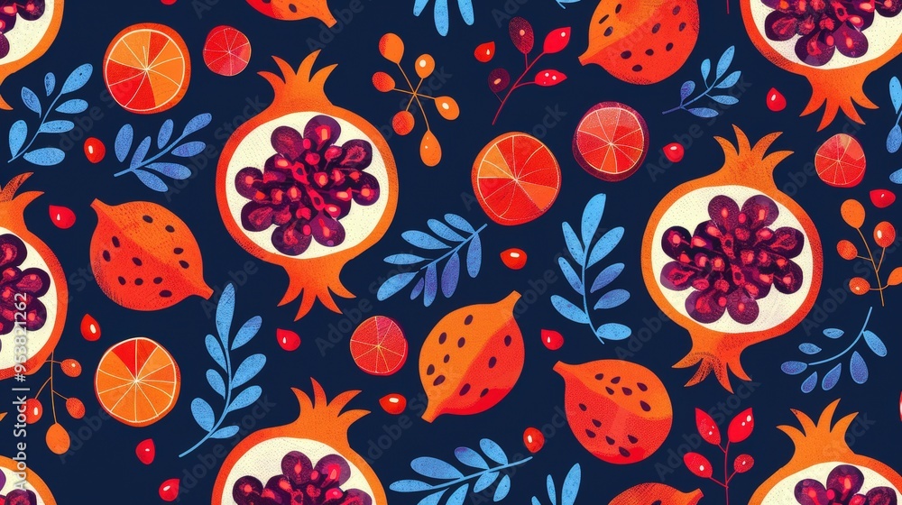 playful pomegranate pattern with whimsical, stylized pomegranates and abstract seed shapes playful pomegranate pattern with whimsical, stylized pomegranates and abstract seed shapes