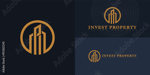 Modern circle vector initial letter IP or PI logo in gold color isolated on multiple background colors. The logo is suitable for property investment company logo design inspiration templates.