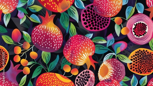 playful pomegranate pattern with whimsical, stylized pomegranates and abstract seed shapes