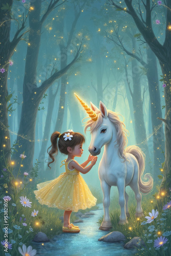 Kids Book Cover the Unicorn’s Journey - in a magical forest - AI generated 