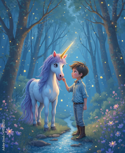 Kids Book Cover the Enchanted Unicorn - in a magical forest - AI generated
