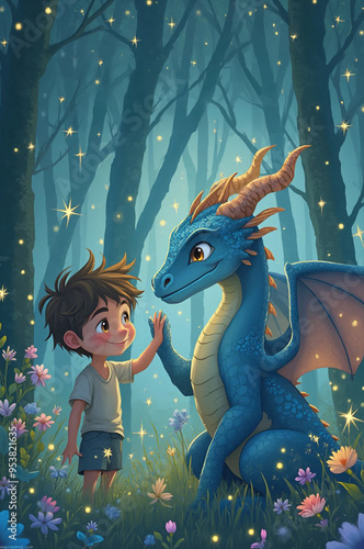 Kids Book Cover - a Dragon Friendship - in a magical forest - AI generated