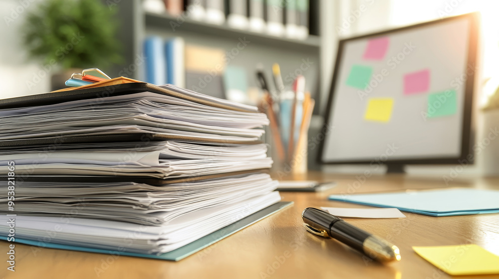 A stack of papers on a desk with a pen and a white board with sticky notes on it A stack of papers on a desk with a pen and a white board with sticky notes on it