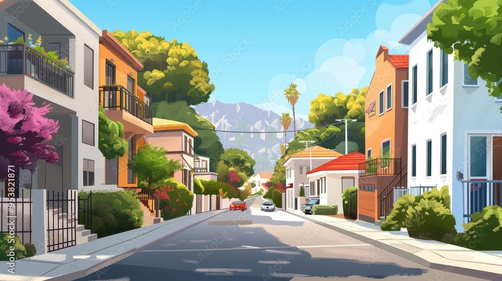 residential street with contemporary apartments and classic houses.