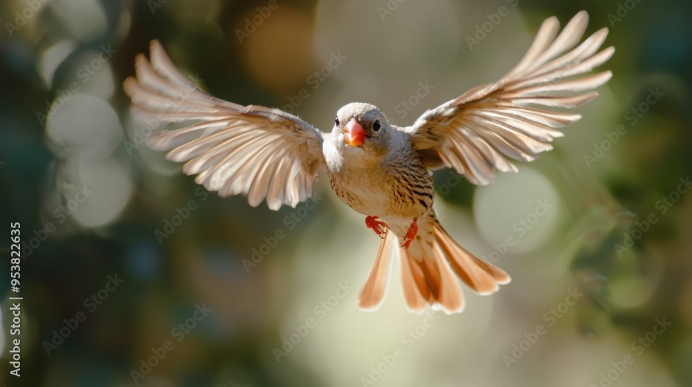 Obraz premium A zebra finch in flight, with its wings spread and feathers visible.