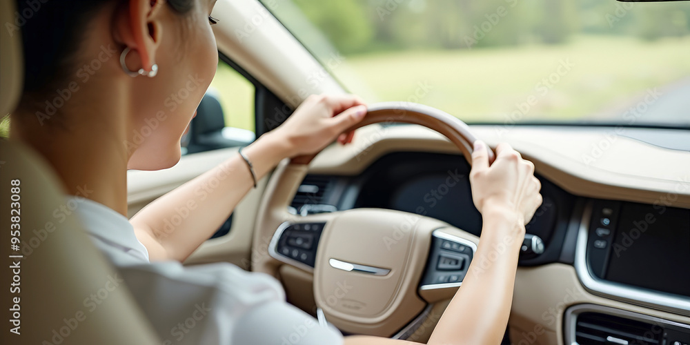 The woman driving the car is smiling The woman driving the car is smiling