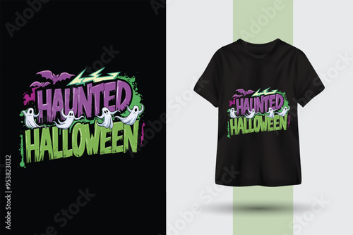 Spooky haunted halloween t-shirt graphic design template