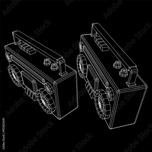 Retro Boombox outdated portable cassette tape recorder. Wireframe low poly mesh vector illustration.