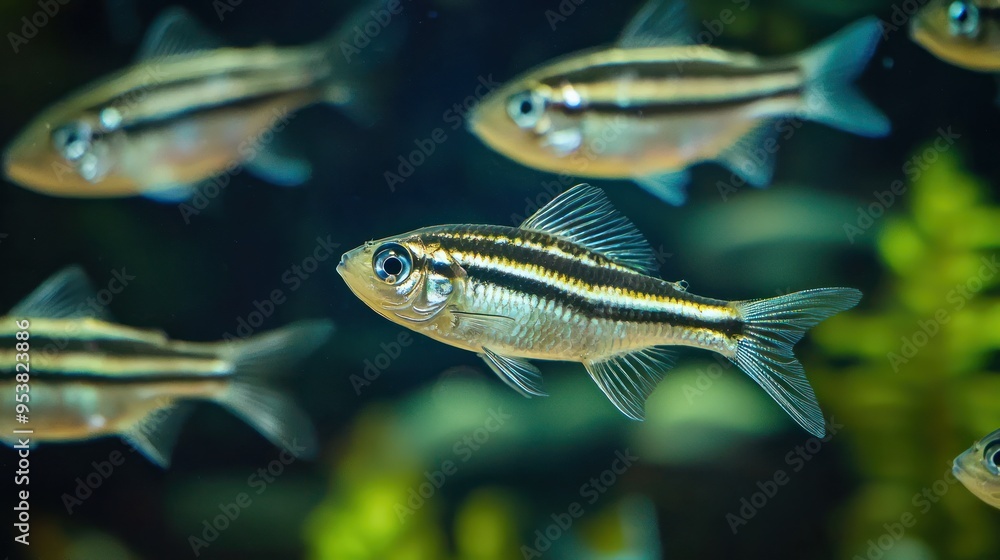 A group of zebra fish interacting in a tank, showcasing their active behavior. A group of zebra fish interacting in a tank, showcasing their active behavior.