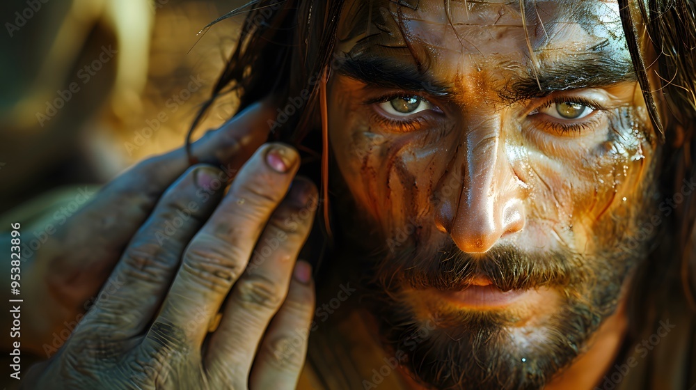The blind man’s face illuminated with hope as Jesus begins the healing process, His hands gently touching the man’s eyes, with a soft glow of light surrounding them, The blind man’s face illuminated with hope as Jesus begins the healing process, His hands gently touching the man’s eyes, with a soft glow of light surrounding them,
