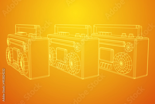 Retro Boombox outdated portable cassette tape recorder. Wireframe low poly mesh vector illustration.