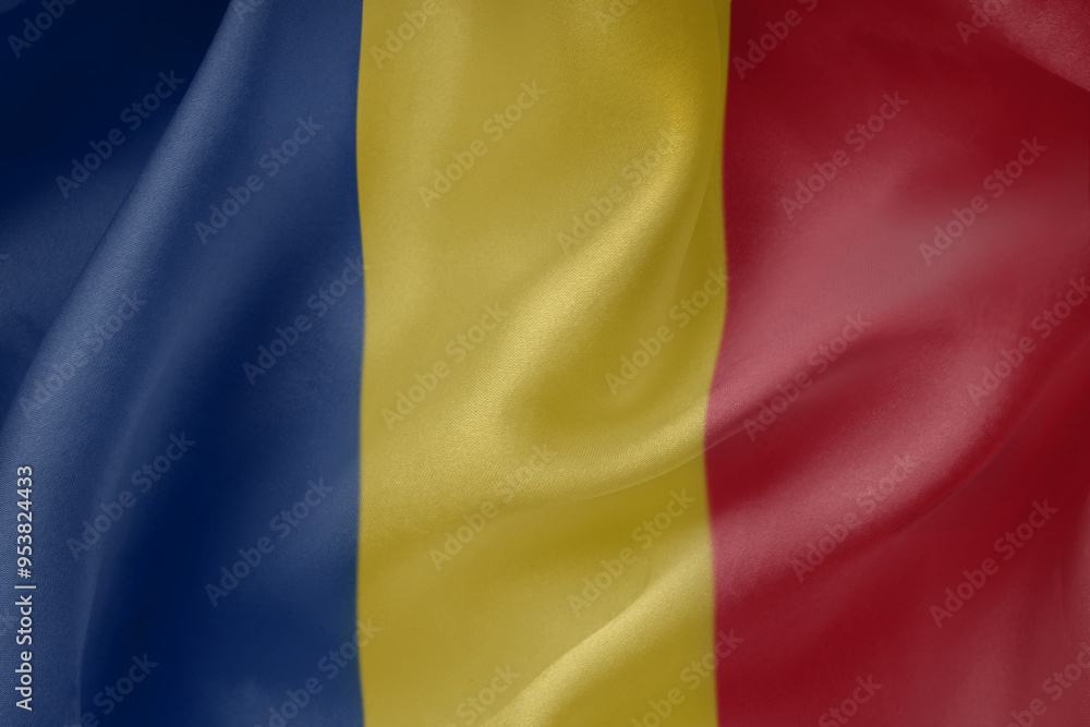 Romania waving flag close up fabric texture background Romania waving flag close up fabric texture background