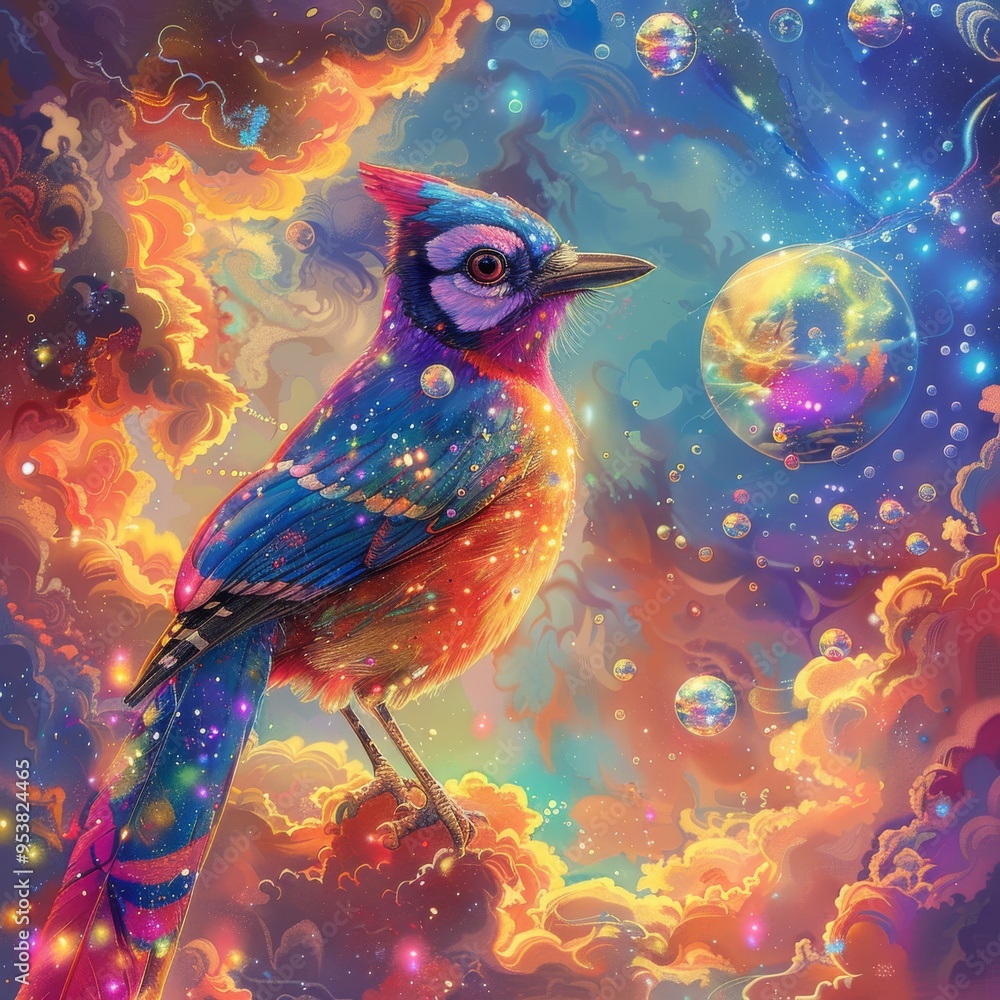 A beautiful surreal painting of a blue jay bird with bright red, blue and yellow feathers. A beautiful surreal painting of a blue jay bird with bright red, blue and yellow feathers.
