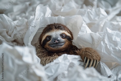 Smiling Sloth in a White Nest photo