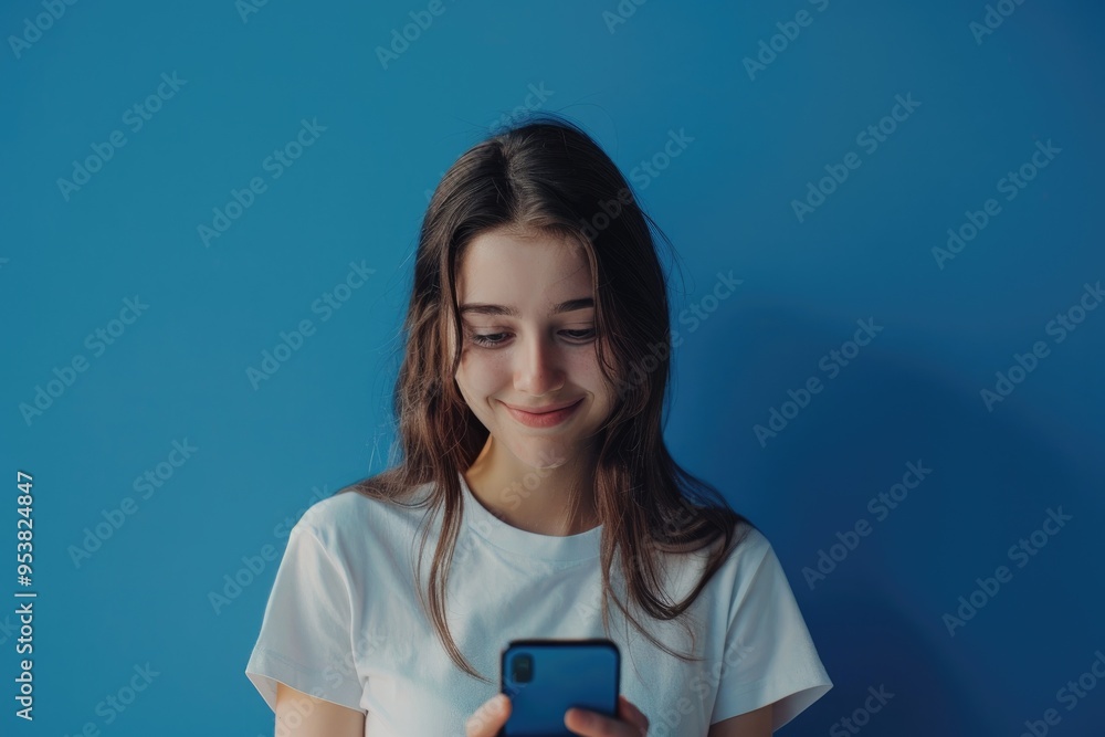 Smiling young woman surfing the net using mobile phone over blue background Smiling young woman surfing the net using mobile phone over blue background