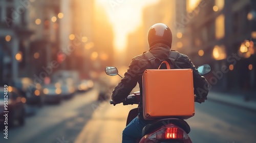Long shot of a delivery man with an orange rectangular backpack on a moped, sunset lighting, back view, blurred cityscape background, photorealistic details, dynamic composition