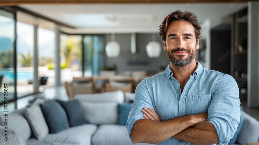 Interior designer showcasing a modern design concept in a bright, stylish living space during a professional presentation Interior designer showcasing a modern design concept in a bright, stylish living space during a professional presentation