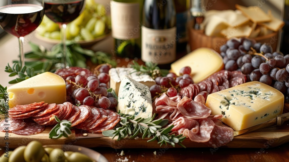 stunning charcuterie board featuring artisanal cheeses, cured meats, and a selection of fine wines. stunning charcuterie board featuring artisanal cheeses, cured meats, and a selection of fine wines.