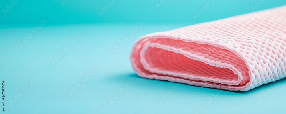 Close-up of a pink and white dishcloth on a blue background. Close-up of a pink and white dishcloth on a blue background.