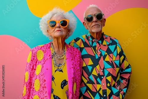 An elderly couple embraces vibrant fashion while enjoying a sunny day against a colorful geometric backdrop in a lively urban setting