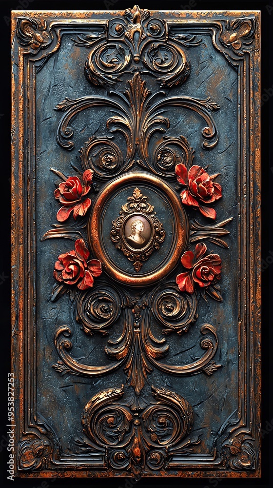 Intricate blue ornamental panel featuring red roses and elegant detailing. Ideal for vintage or romantic themed designs. Intricate blue ornamental panel featuring red roses and elegant detailing. Ideal for vintage or romantic themed designs.