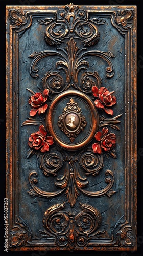 Intricate blue ornamental panel featuring red roses and elegant detailing. Ideal for vintage or romantic themed designs.