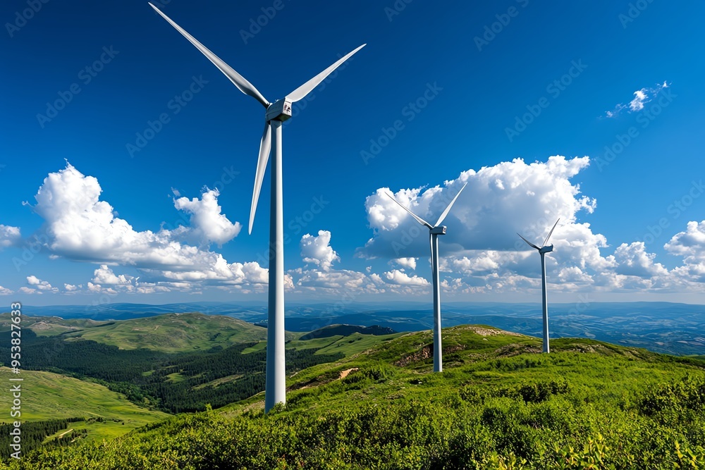 Energy Illustration Wind, Turbines, and Power Generation visualized in a dynamic landscape where large wind turbines spin against a backdrop of rolling hills, generating clean energy as they Energy Illustration Wind, Turbines, and Power Generation visualized in a dynamic landscape where large wind turbines spin against a backdrop of rolling hills, generating clean energy as they