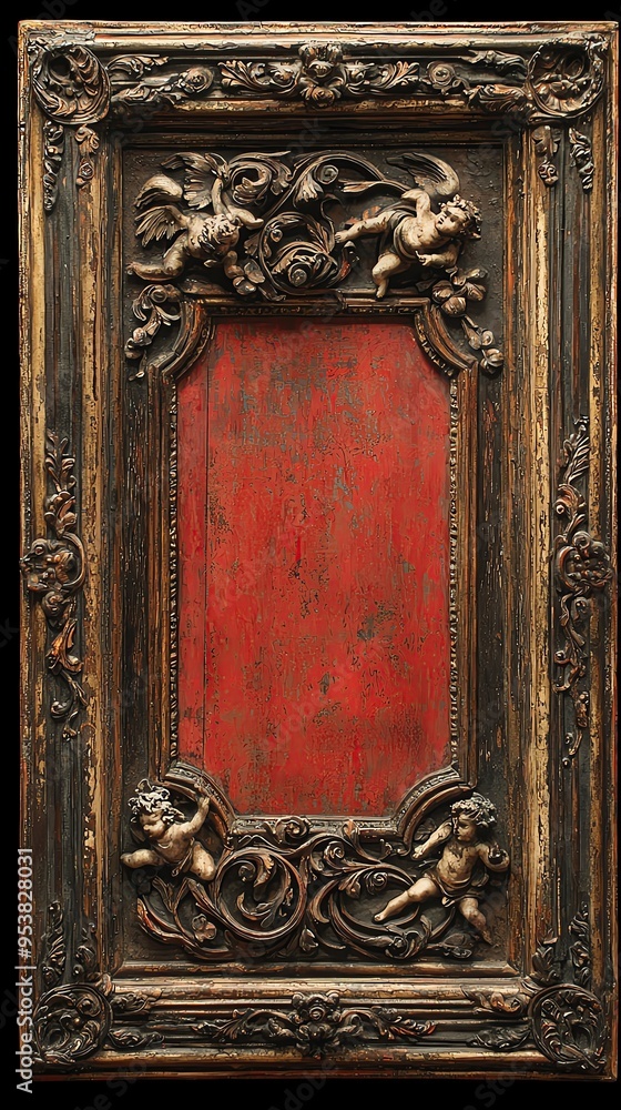 Antique ornate frame with intricate details and a vibrant red background, perfect for artwork display or photo collections. Antique ornate frame with intricate details and a vibrant red background, perfect for artwork display or photo collections.