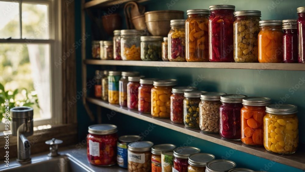 A vibrant kitchen pantry overflowing with colorful canned goods and preserves, well-organized and inviting. A vibrant kitchen pantry overflowing with colorful canned goods and preserves, well-organized and inviting.