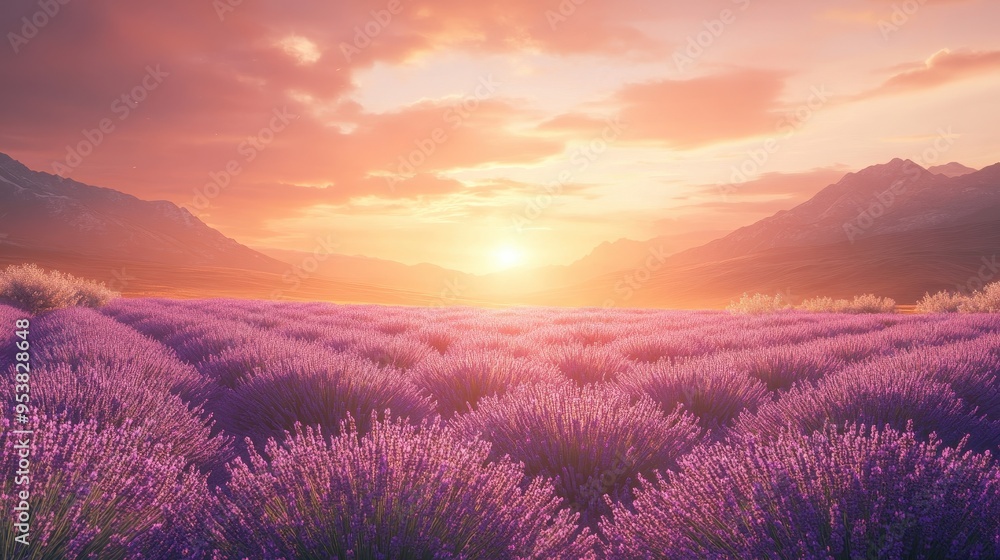 A soothing view of lavender fields at sunset, with the soft glow of the setting sun casting a peaceful ambiance over the landscape, perfect for relaxation and reflection A soothing view of lavender fields at sunset, with the soft glow of the setting sun casting a peaceful ambiance over the landscape, perfect for relaxation and reflection
