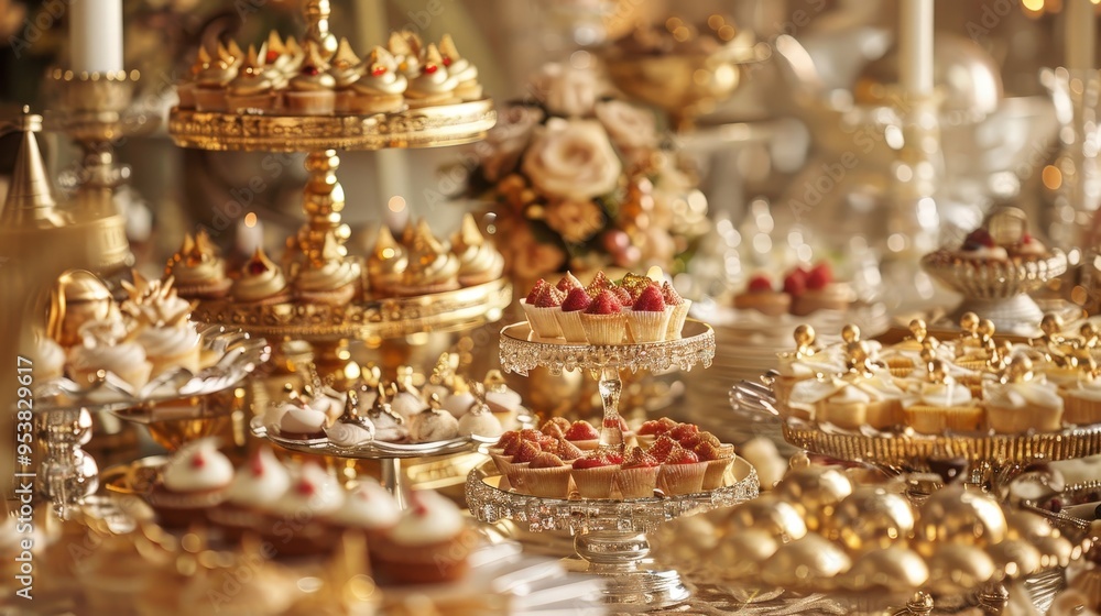 extravagant dessert buffet featuring intricate pastries, plated with edible gold and presented in an opulent setting. extravagant dessert buffet featuring intricate pastries, plated with edible gold and presented in an opulent setting.