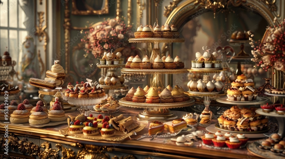 Fototapeta premium extravagant dessert buffet featuring intricate pastries, plated with edible gold and presented in an opulent setting.