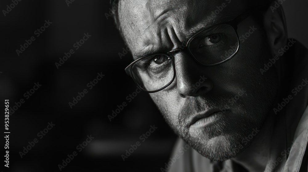 Close-up Portrait of a Man Wearing Glasses with a Frown
