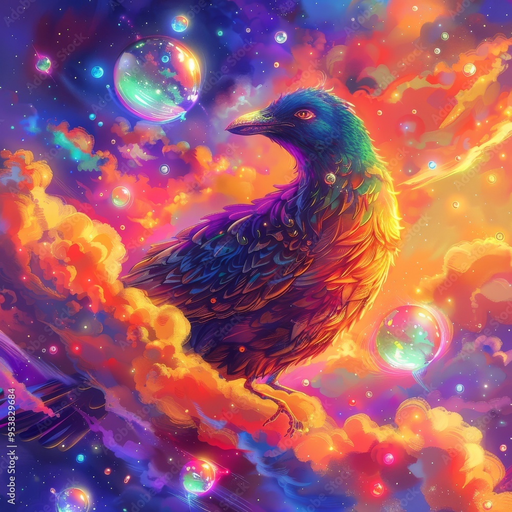 A surreal painting of a bird with vibrant feathers in a cloudy sky with rainbow colors. A surreal painting of a bird with vibrant feathers in a cloudy sky with rainbow colors.