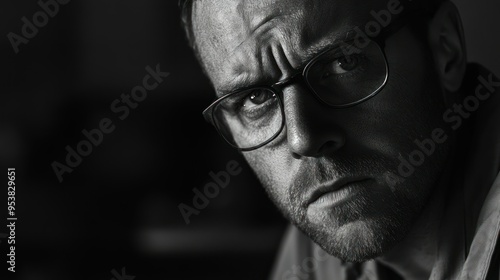 Close-up Portrait of a Man Wearing Glasses with a Frown