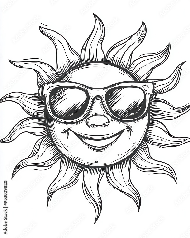 Hand-drawn illustration of a smiling sun wearing sunglasses. Hand-drawn illustration of a smiling sun wearing sunglasses.