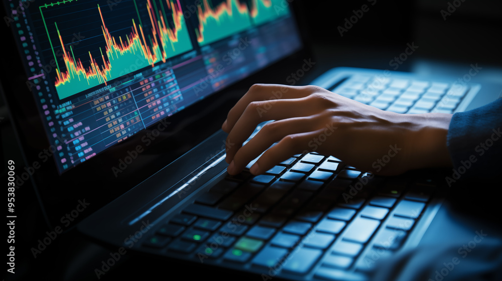 Computer with price chart and a hand touching the keyboard. Efficiently navigate the digital world. Computer with price chart and a hand touching the keyboard. Efficiently navigate the digital world.