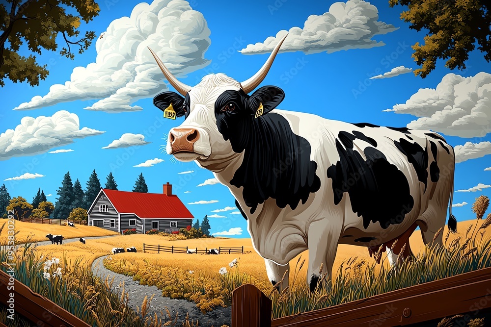 Farm Cow Jersey, Feeding, and Farmer depicted in a traditional farm ...