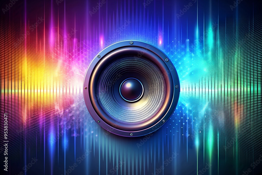 A bass music speaker vibrating with colored musical waves A bass music speaker vibrating with colored musical waves