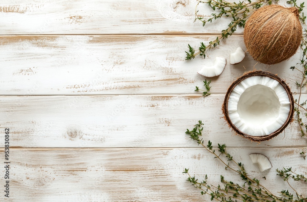 Coconut and Thyme on Rustic Wooden Background Coconut and Thyme on Rustic Wooden Background