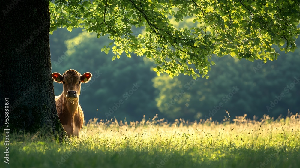 Brown cow resting under a large tree with sunbeams filtering through autumn leaves Brown cow resting under a large tree with sunbeams filtering through autumn leaves