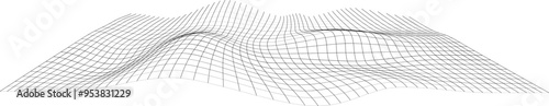 Black line wireframe grid. Topography landscape with wave