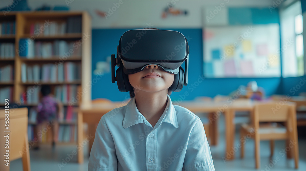 Fototapeta premium An American school student with VR headset using artificial intelligence technology and machine learning Interactive technology in classroom significantly Innovation and smart technology