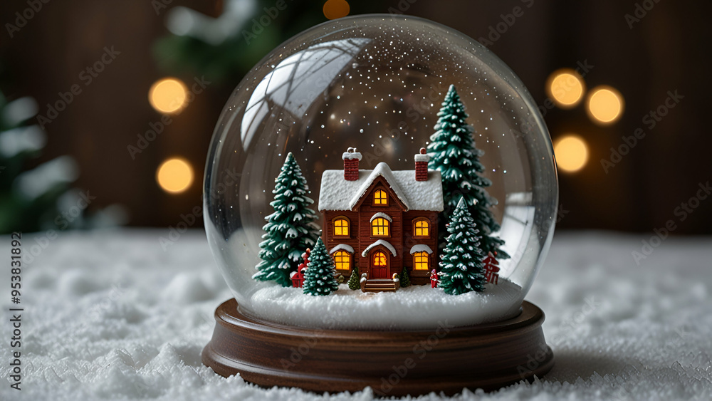 Beautiful snow globe featuring a Christmas tree and house inside, radiating holiday charm. Beautiful snow globe featuring a Christmas tree and house inside, radiating holiday charm.