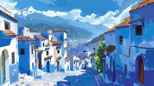 picturesque landscape of with its iconic blue-washed buildings set against the backdrop of the Rif Mountains. photo