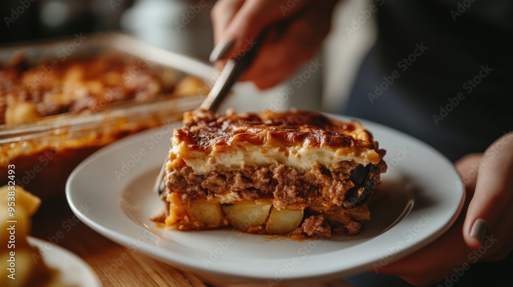 Delicious Greek Moussaka with melted cheese and potato layers Delicious Greek Moussaka with melted cheese and potato layers