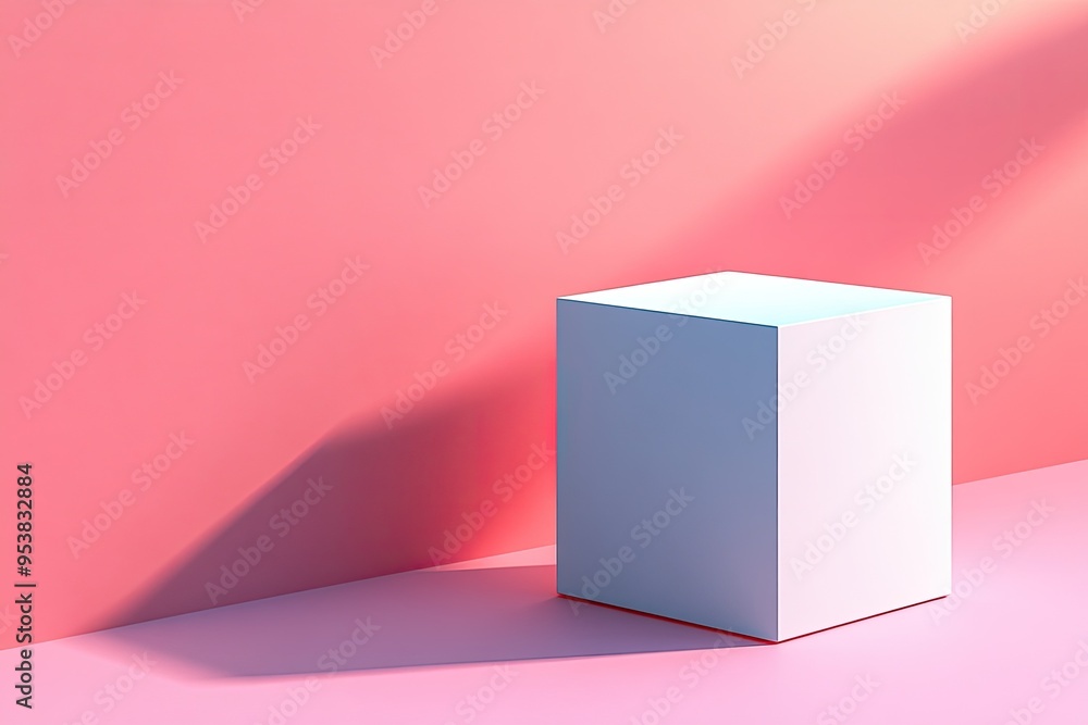 A minimalist white cube on a soft pink surface, casting gentle shadows, perfect for modern design concepts.