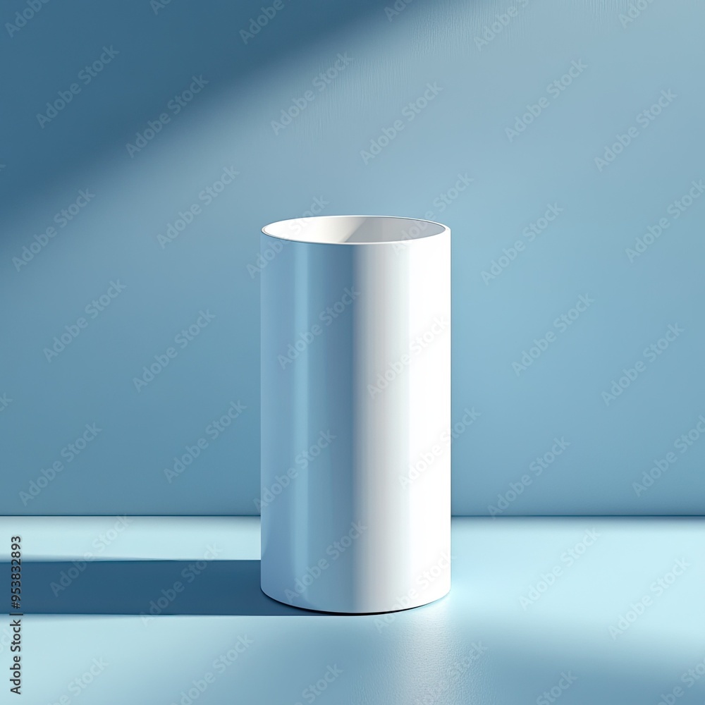 A minimalistic white cylindrical container on a soft blue background, creating a serene and modern aesthetic.