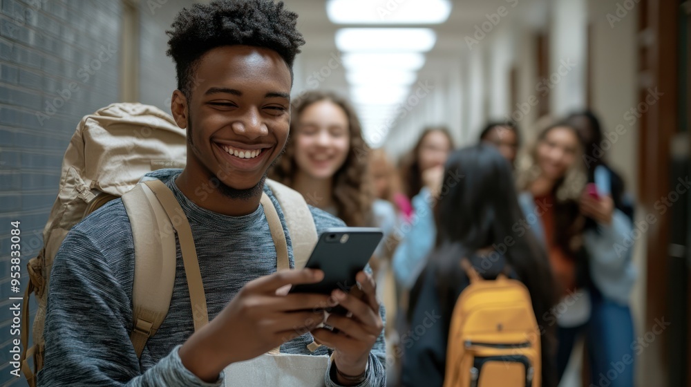Obraz premium Smiling Student Using Smartphone in School Hallway