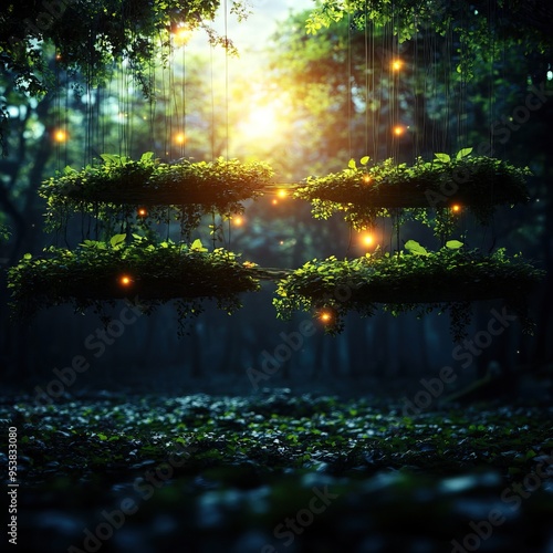 Enchanted forest scene with floating greenery and magical lights, creating a serene and mystical atmosphere.